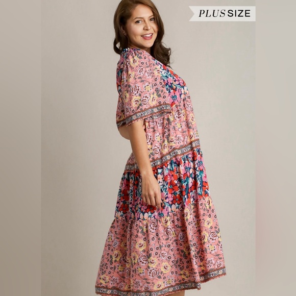 NWT Umgee Boutique Boho Berry Pink Hippy Floral Print Dress Plus XL-2X - Picture 4 of 9
